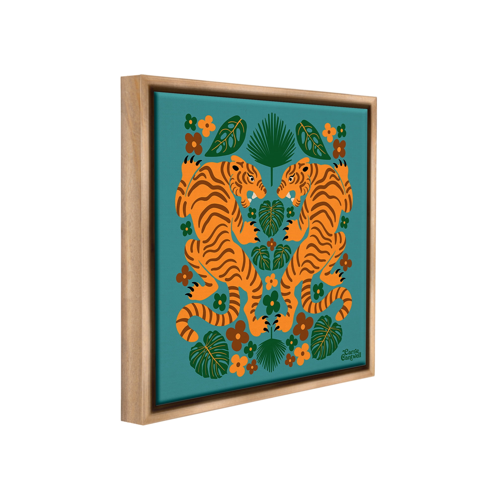 Stupell Industries Symmetrical Tigers & Nature Animals & Insects Painting Brown Floater Framed Canvas Art Print Wall Art, 18 x 18