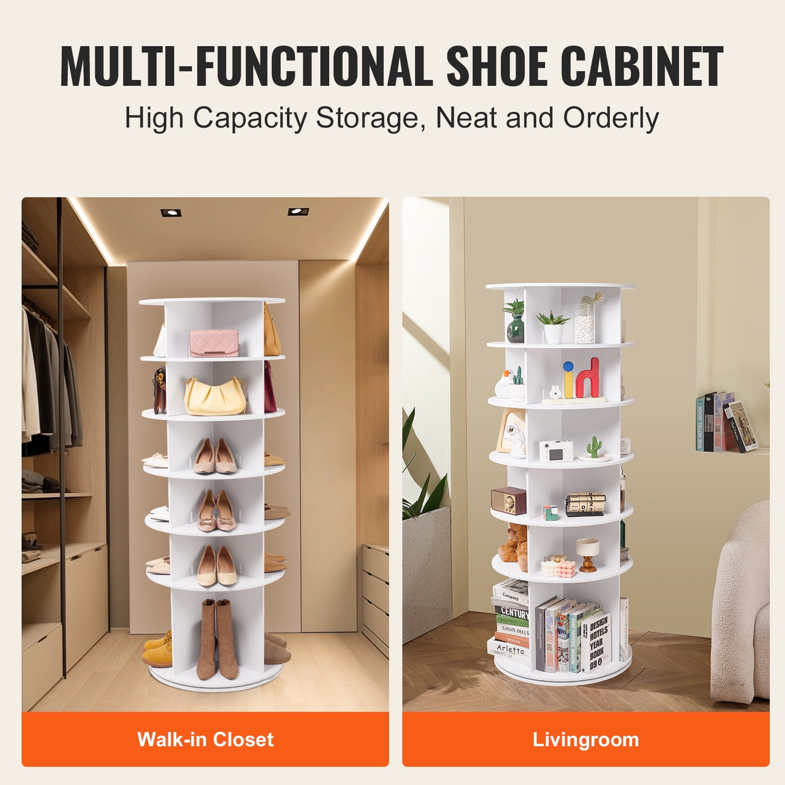 KFFKFF 6-Level Circular Shoe Rack, 360° Rotational Footwear Display, Round Shoe Storage Carousel, Convenient Shoe Organization System, Perfect for Bedroom, Lounge, Hallway, White