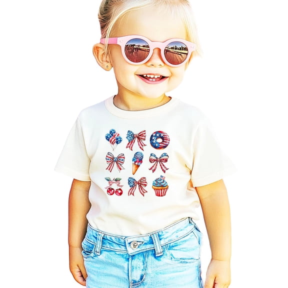 4th of July Shirt for Women Patriotic Bows Sweets Family Matching Reunion Tee for Girls Natural Shirt 12 Months