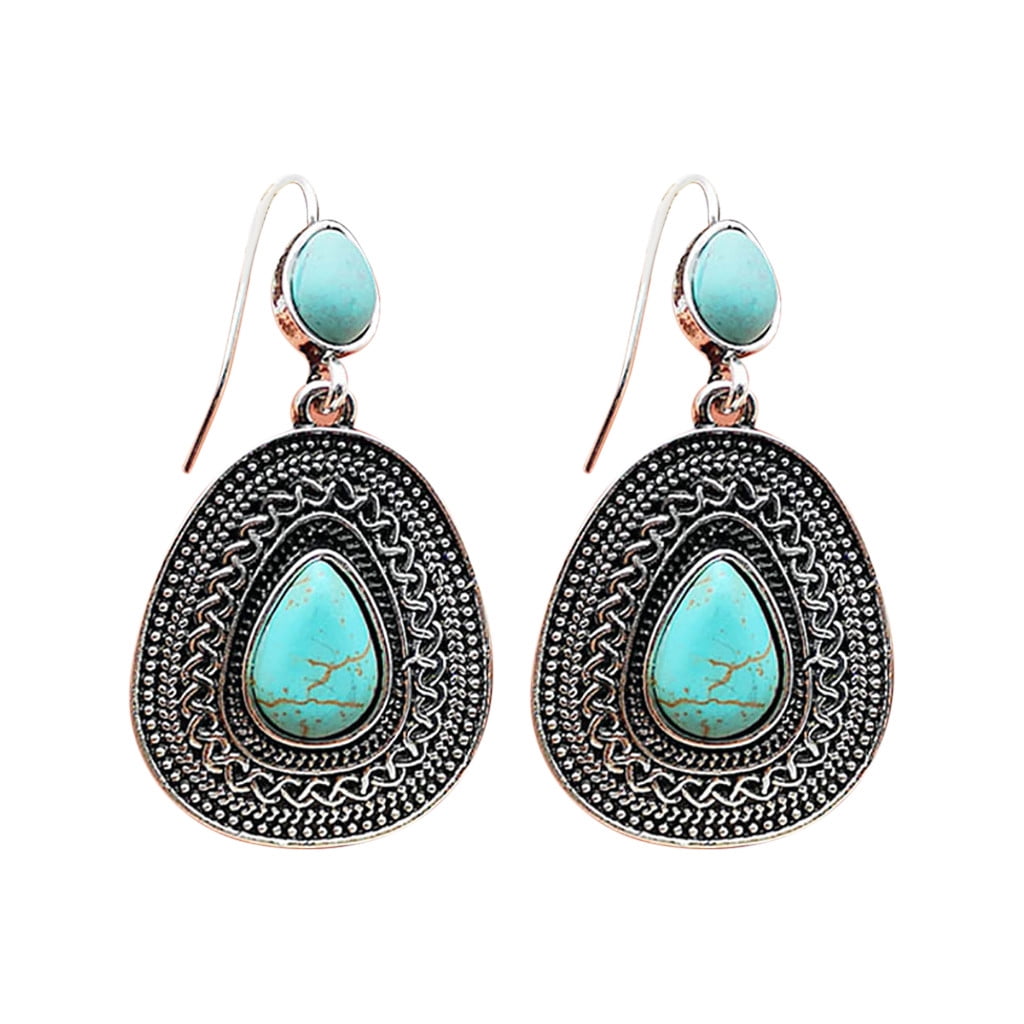 Sehao Vintage Boho Turquoise Gemstone Drop Dangle Hooks Earrings Wedding Engagement Blue Jewelry