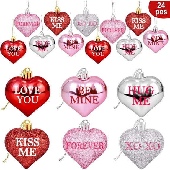 Valentine's Day Heart Shaped Ornaments,Red Pink Silver Hanging Decorations for Tree,Romantic Heart Hanging Baubles,Glitter Heart Shaped Ornaments,for Home Party Decor 24 Pcs