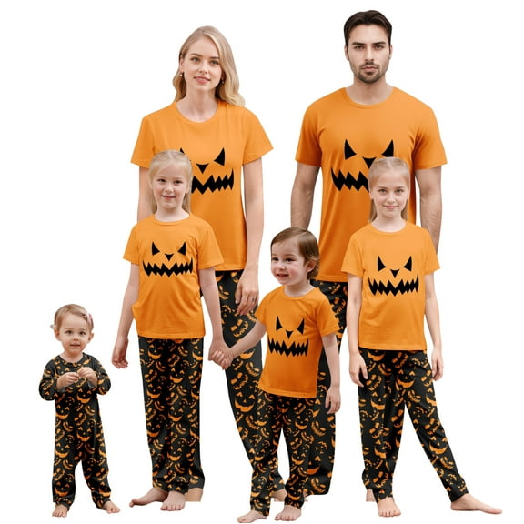 Onlypjs Halloween Family Matching Pajamas Set Pumpkin Face Sleepwear Orange Short Sleeve Top and Black Printed Pants Holiday Loungewear Outfit