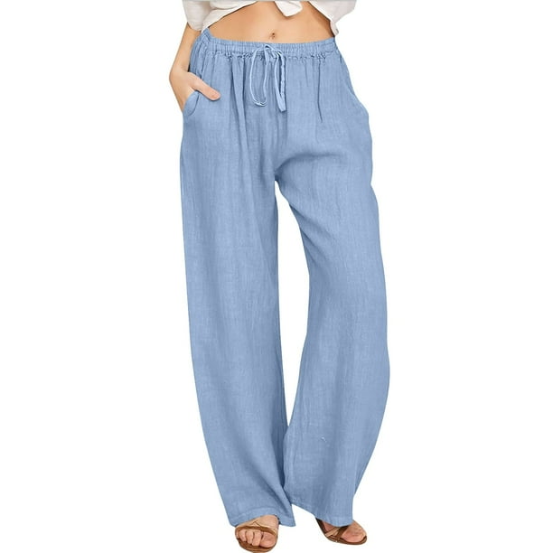 Pantalones anchos de lino con cintura alta y cordón para mujer: pantalones elásticos tipo palazzo para yoga, ideales para llevar con ropa informal