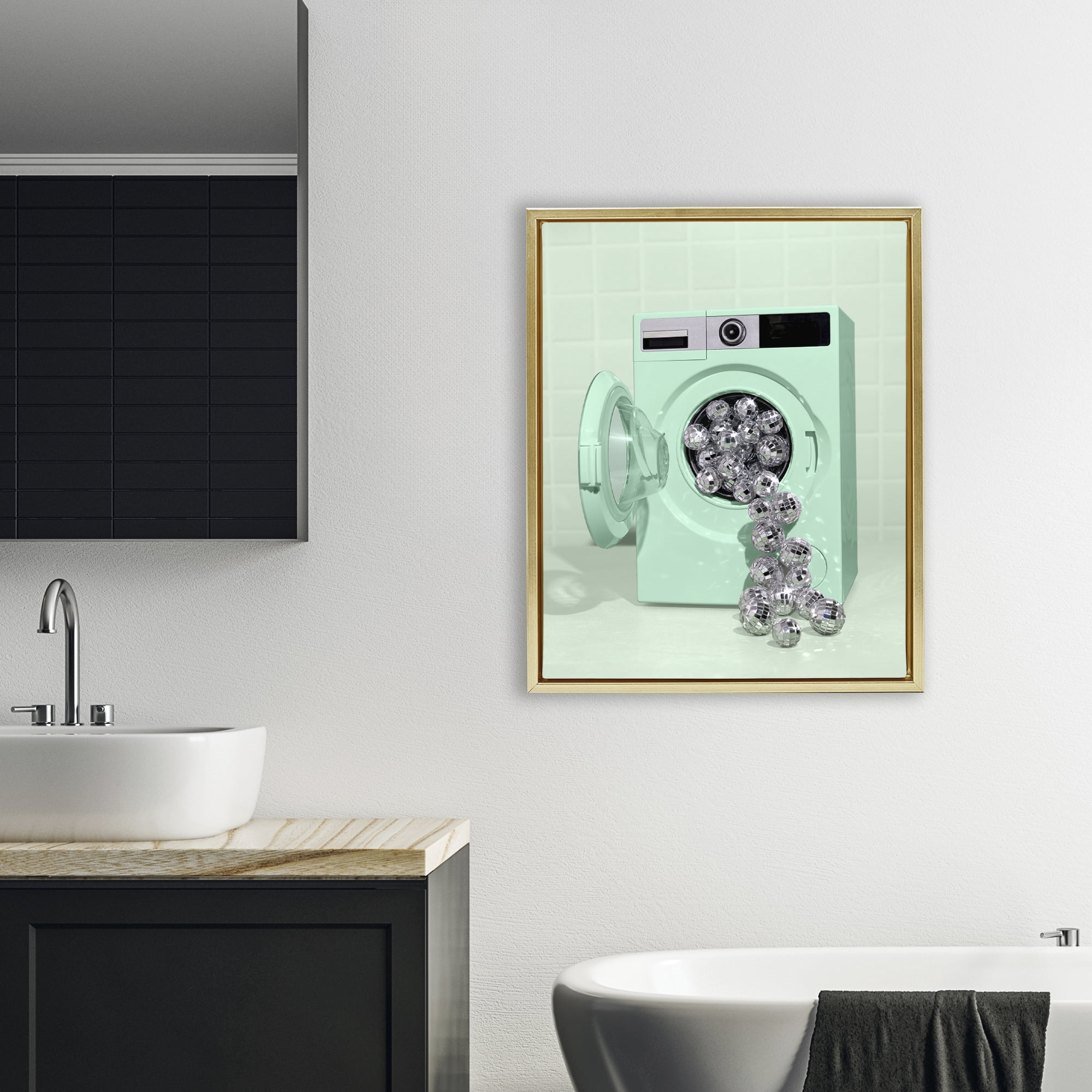 Stupell Industries Disco Laundry Machine over Green Gold Framed Floater Canvas Wall Art, design by LISH Creative
