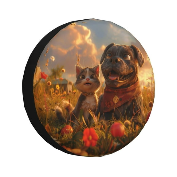 Fuzoiu Cat Dog Friendship Print Universal Spare Tire Cover with Buckle Strap, Waterproof Wheel Covers for Jeep, Trailer, RV, Truck and All Car-16 inch