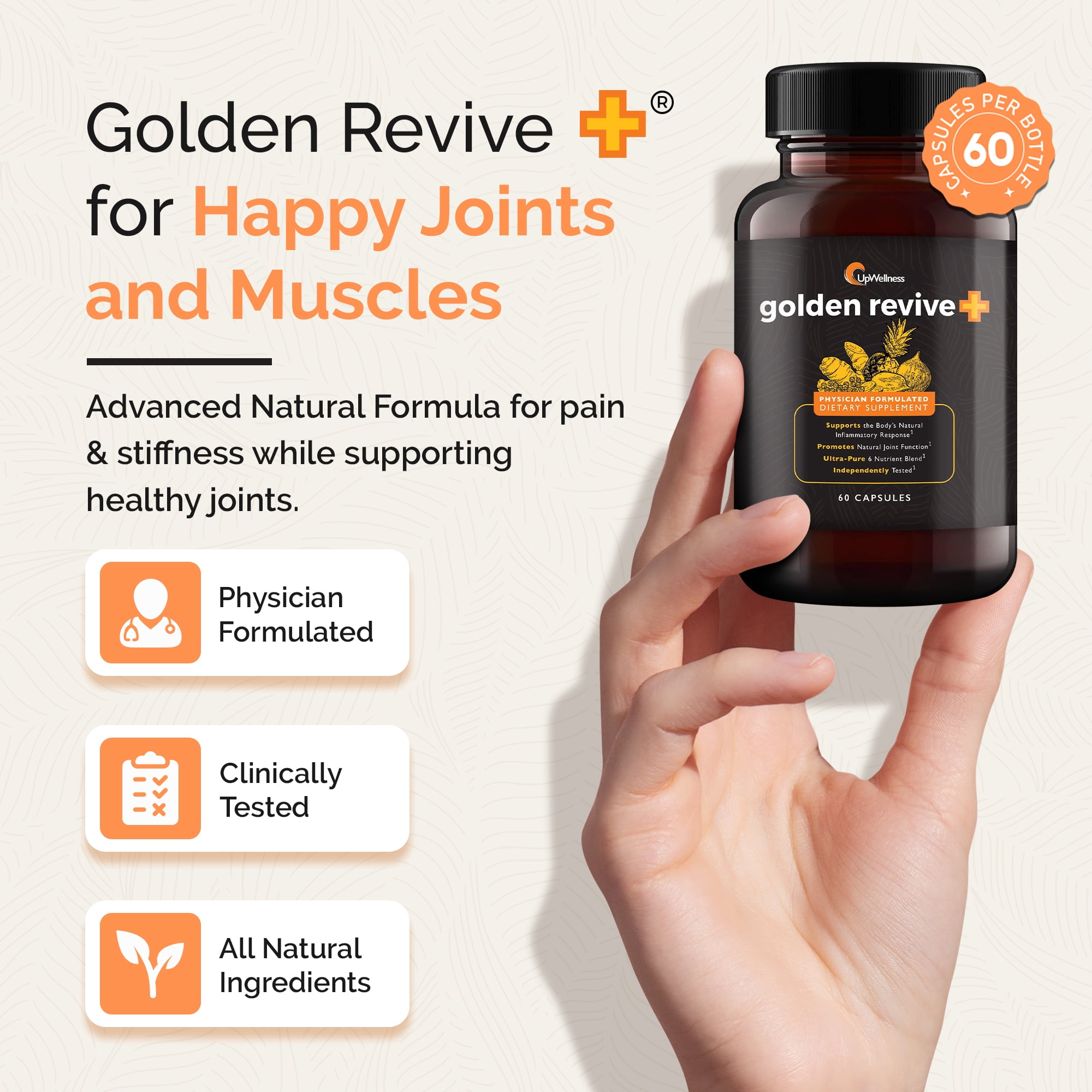 UpWellness Golden Revive + Joint Support Supplement Featuring Turmeric with Black Pepper, Quercetin, and Magnesium - 6 Active Ingredients for Joint Care - 60 Capsules