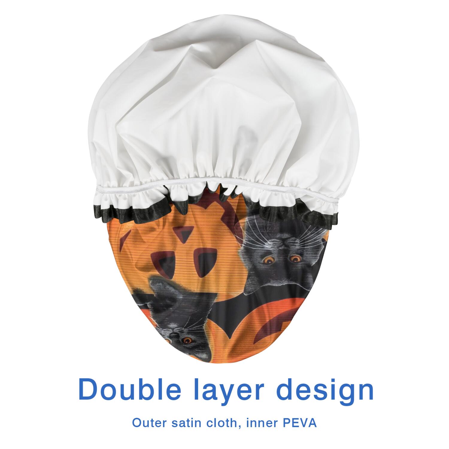 Shower Caps,Halloween Black Cats and Pumpkins Pattern Waterproof Shower Cap for Women 4 Pieces,Double Reusable Hair Cover for Shower PEVA Elastic Stretch Hem