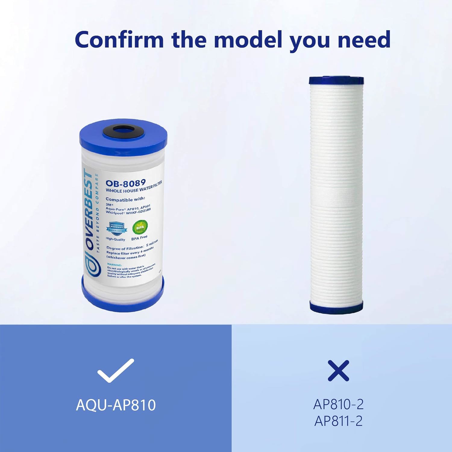 Overbest 10" x 4.5" Whole House Water Filte Replacernent for 3M® Aqua-Pure® AP810, AP811, AP801, AP801-C, AP801T, P801B, Whirlpool® WHKF-GD25BB,VWHKF-DWHBB,Pack of 3