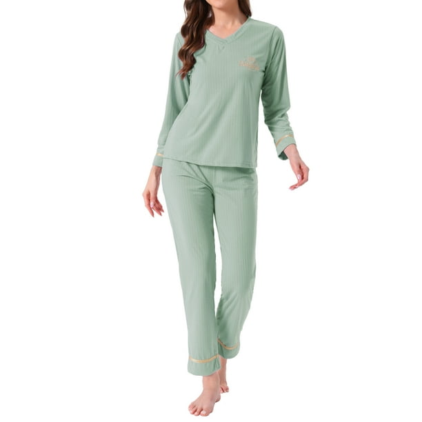 INSPIRAR CHIC Pijamas de Algodón para Mujeres, Conjuntos de Ropa de Dormir de Manga Larga con Pantalones y Bolsillos, Talla XS, Verde