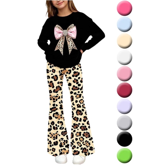 Girls 2 Piece Outfits Sets Crew Neck Long‑Sleeve Top & Elastic Waist Slight Flare Pants for 5‑15 Years Old