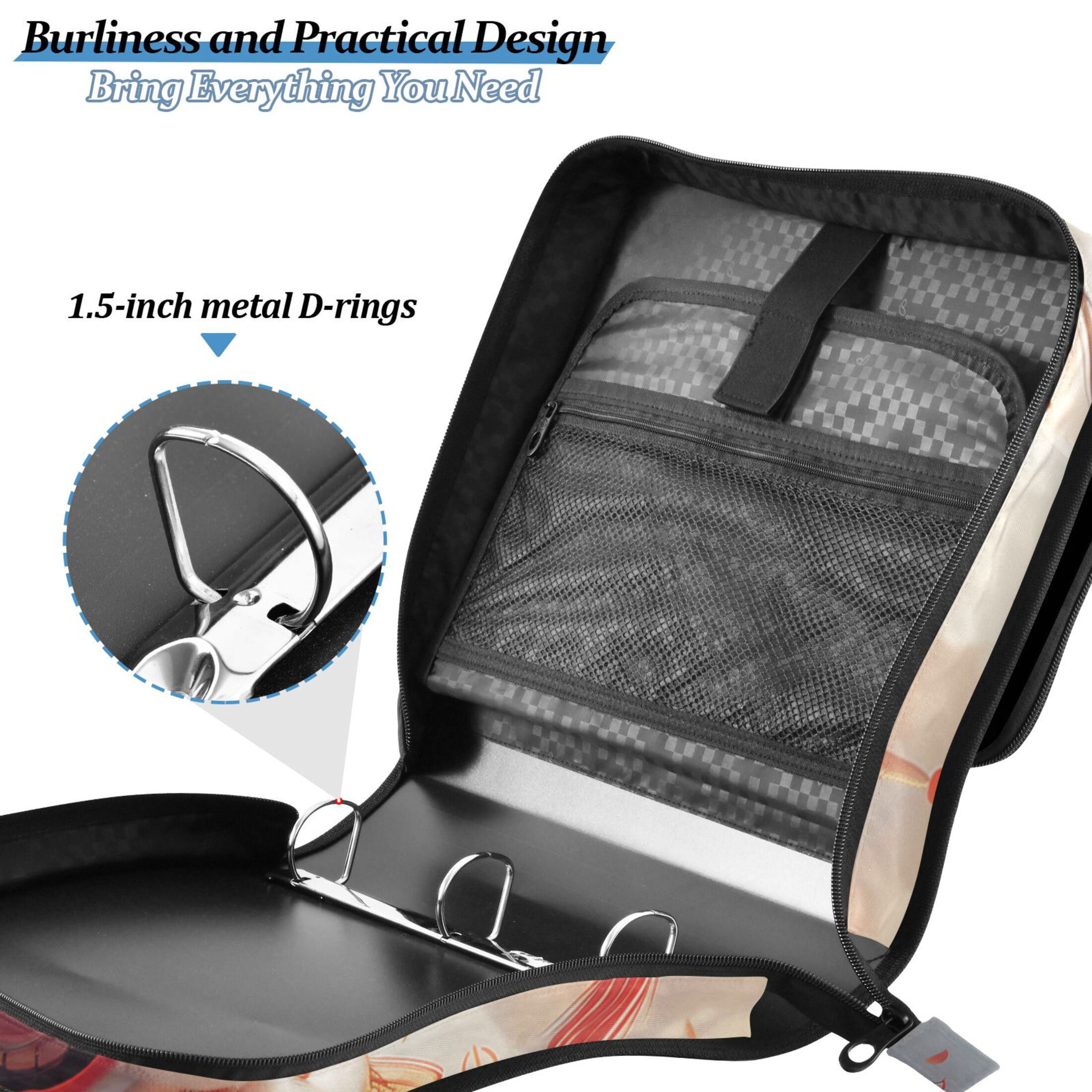 3 Ring Zipper Binder with Shoulder Strap Waterproof Trapper Keeper 2 Inch D-Ring 500 Sheets Capacity Chinese Lion Dance