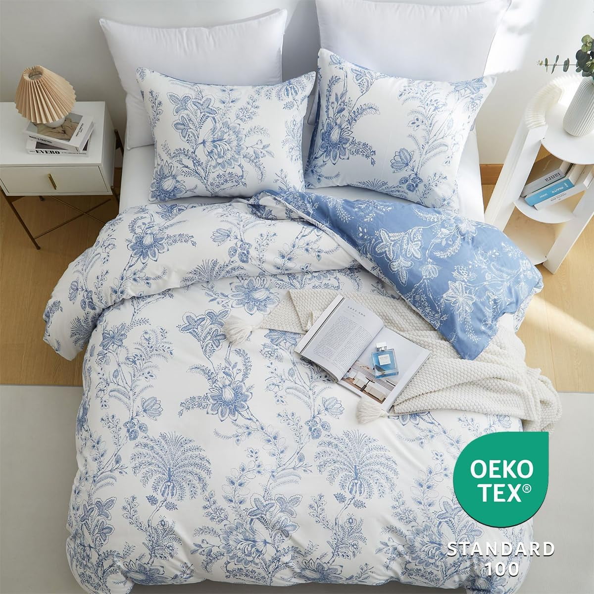 JOLUSERE Blue White Floral Leaves Queen Comforter Sets, 3 Pieces Botanical Plants Reversible Bedding Sets for Adults