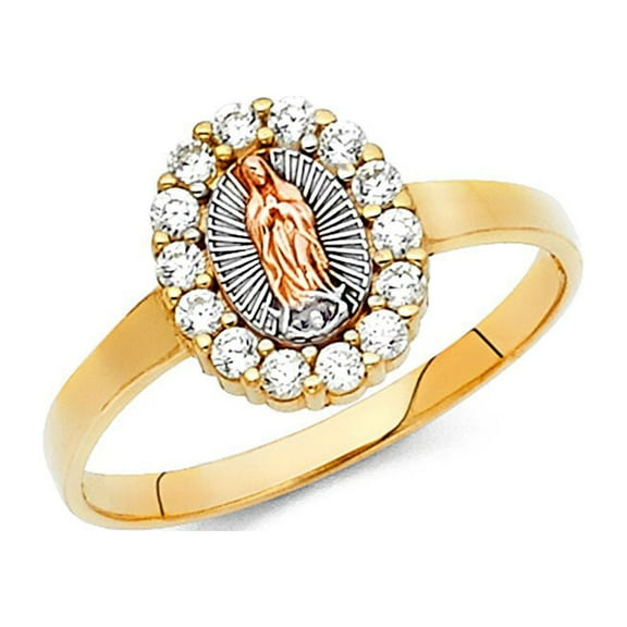 14k Tri Color Italian Solid Gold CZ Oval Shape Guadalupe Ring 10mm