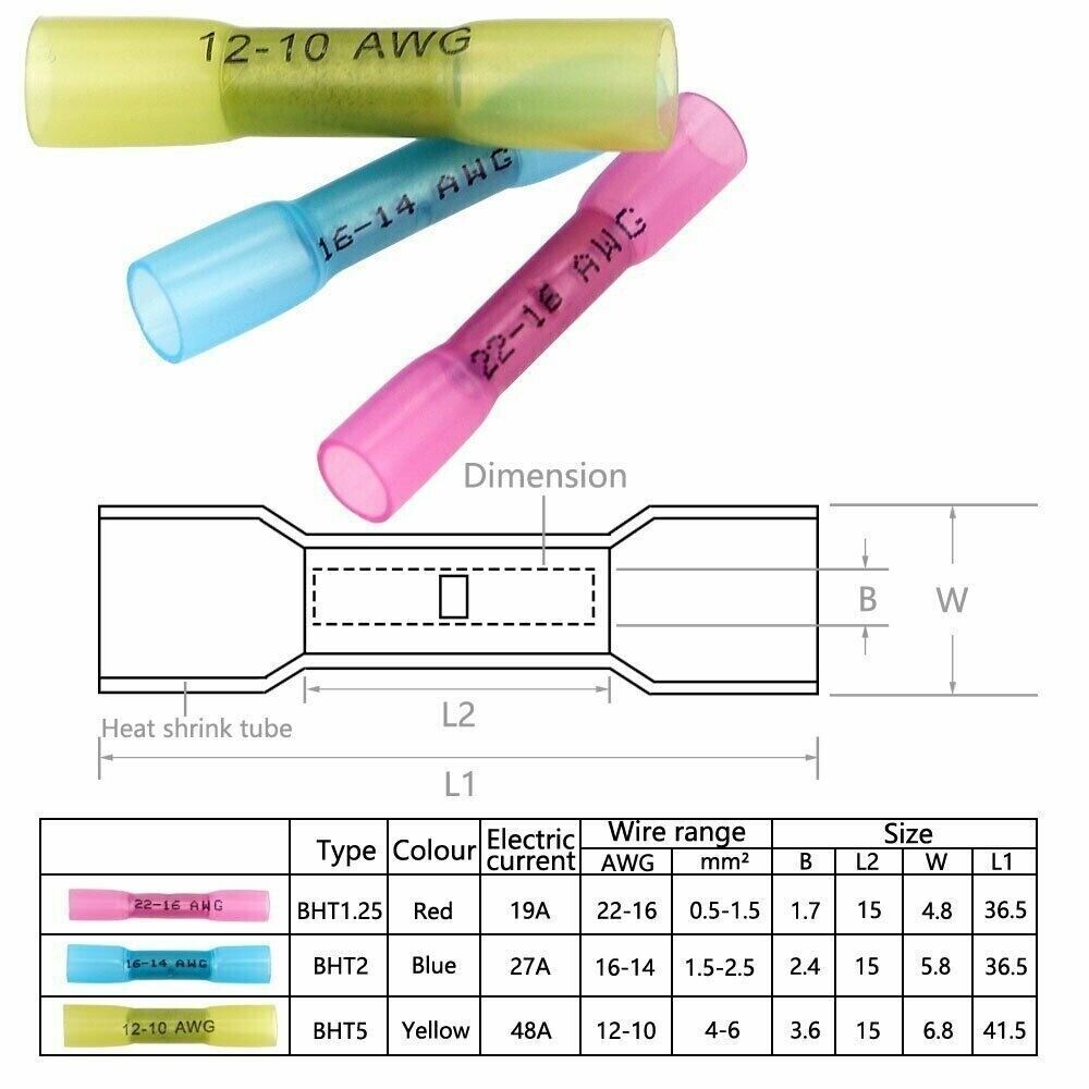 300Pcs 22-10AWG Heat Shrink Butt Wire Splice Connectors Seal Crimp Terminals