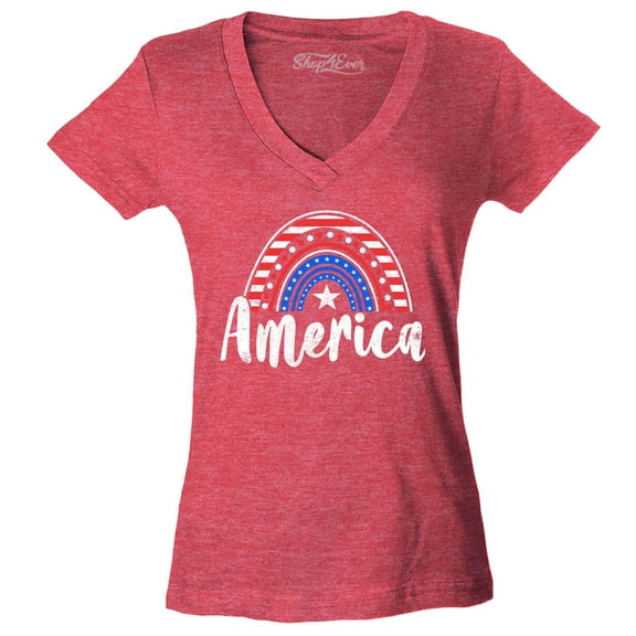Shop4Ever Women's America Patriotic Rainbow 4th of July Slim Fit V-Neck T-Shirt X-Large Heather Red