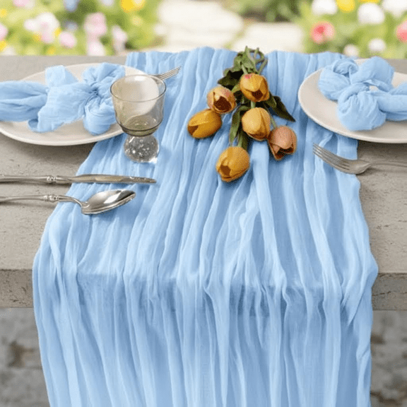 Light Blue Cheesecloth Table Runner, 10ft Rustic Gauze Table Decor for Baby Shower, Gender Reveal, Birthday Party, Wedding Centerpiece, 35x120 Inches
