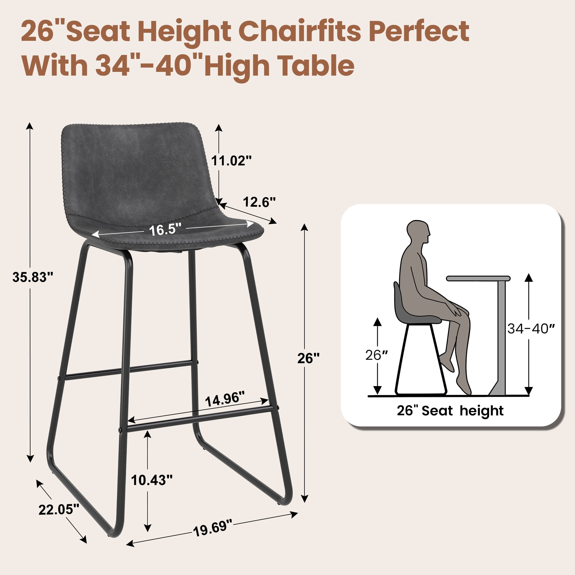 Aufeile 26" Counter Height Bar Stools Set of 2 – Modern Faux Leather Barstools with Back & Metal Legs, Kitchen Bar Chairs for Island, Dining Room, Gray