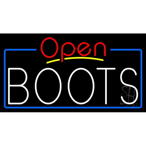 White Boots Open With Border LED Neon Sign 13 x 24 - inches, Black Square Cut Acrylic Backing, with Dimmer - Bright and Premium built indoor LED Neon Sign for store interior Décor, Storefront.