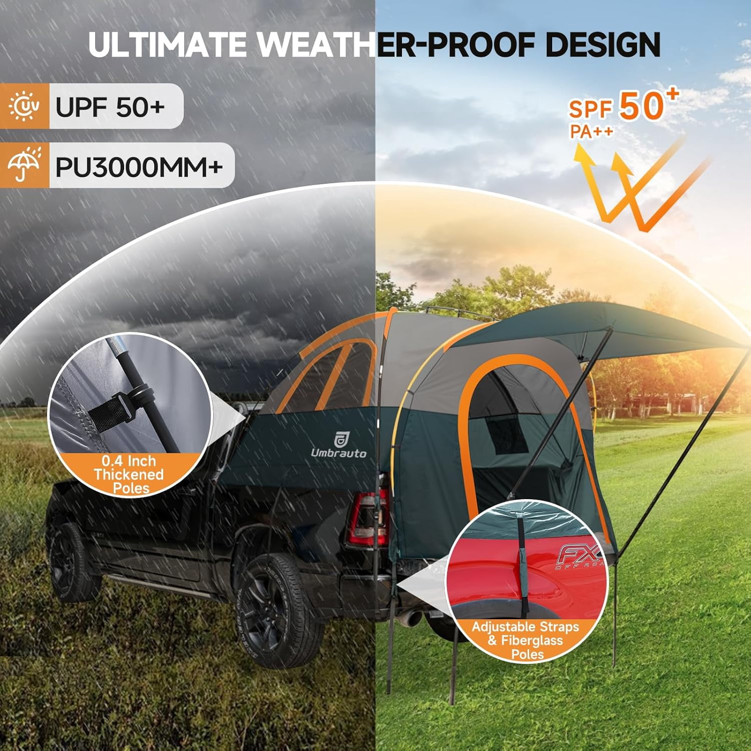 Truck Bed Tent with Awning: 5.5-5.8FT PU3000mm Waterproof Tailgate Pickup Truck Tents, Easy Set-up for 2 Person, Fits Full Size Short Bed, Chevy, Dodge, Ford, GMC, Green
