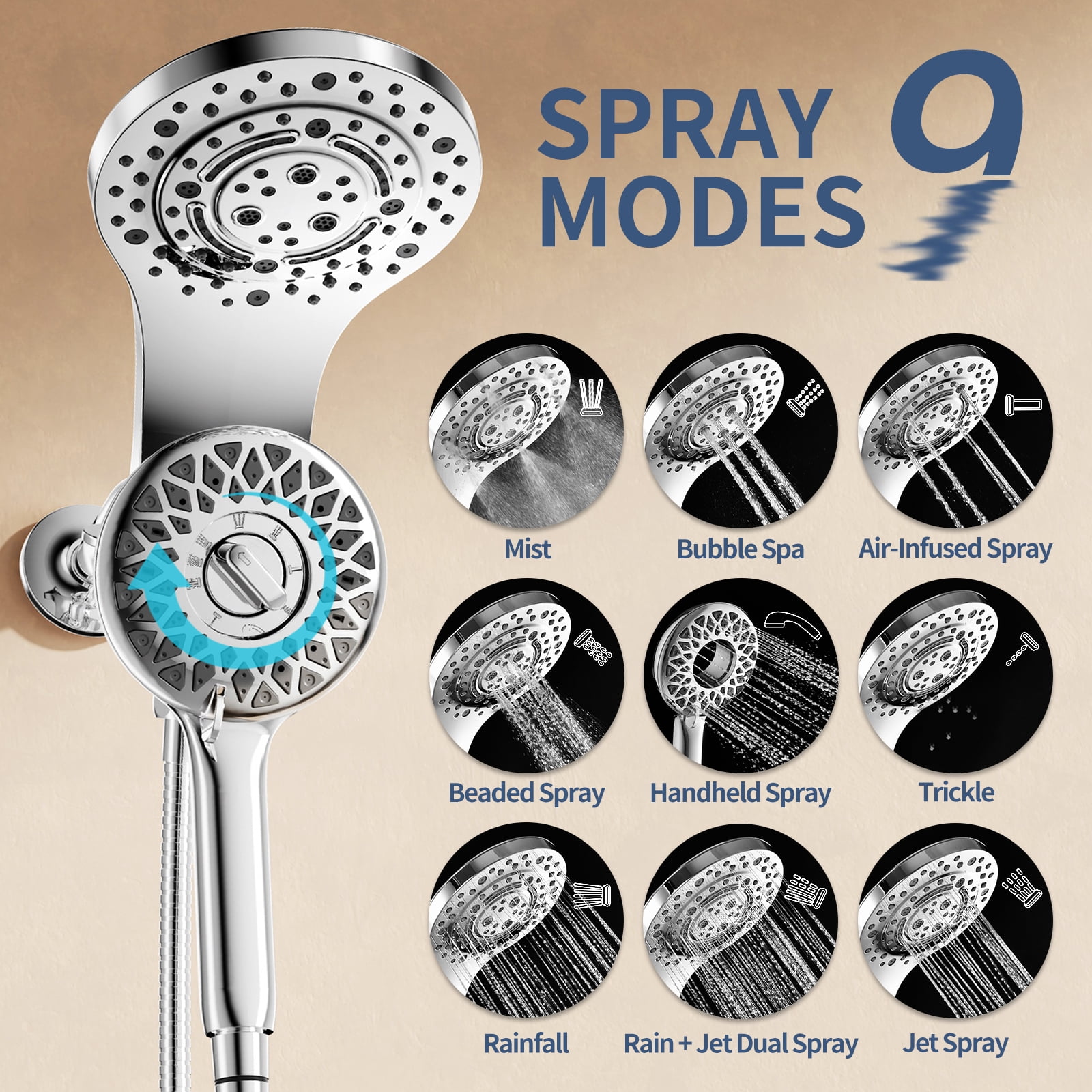 KAIYING Magnetic Rain Shower Head with Handheld Spray, Dual Modes, Waterfall, Chrome