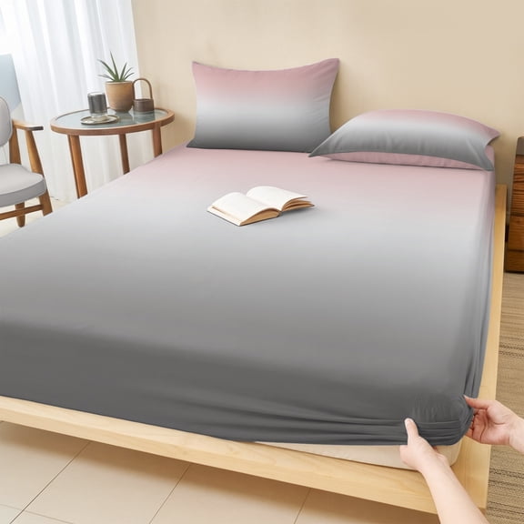 Queen Size Fitted Sheet Set - Gradient Pink Grey, 3 Piece Bedding Sets 16" Deep Pocket Fitted Sheet with 2 Pillowcases, Modern Abstract Color Ombré Art Brushed Microfiber Hotel Luxury Bed Sheets