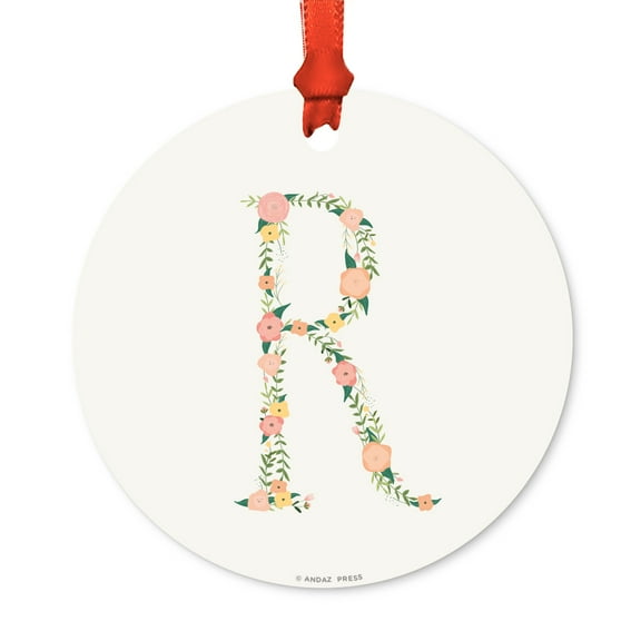 Floral Family Monogram Metal Christmas Ornament, Coral Peach Floral Roses, Letter R, Includes Ribbon and Gift Bag