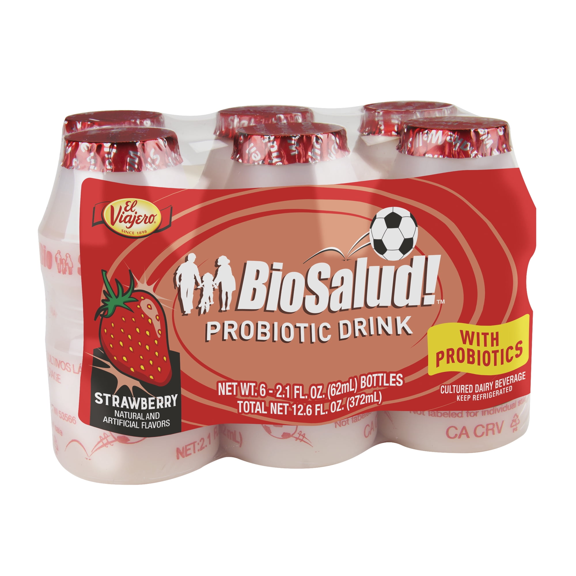 El Viajero BioSalud! Strawberry Cultured Dairy Beverage, 2.1 fl oz, 6 Count