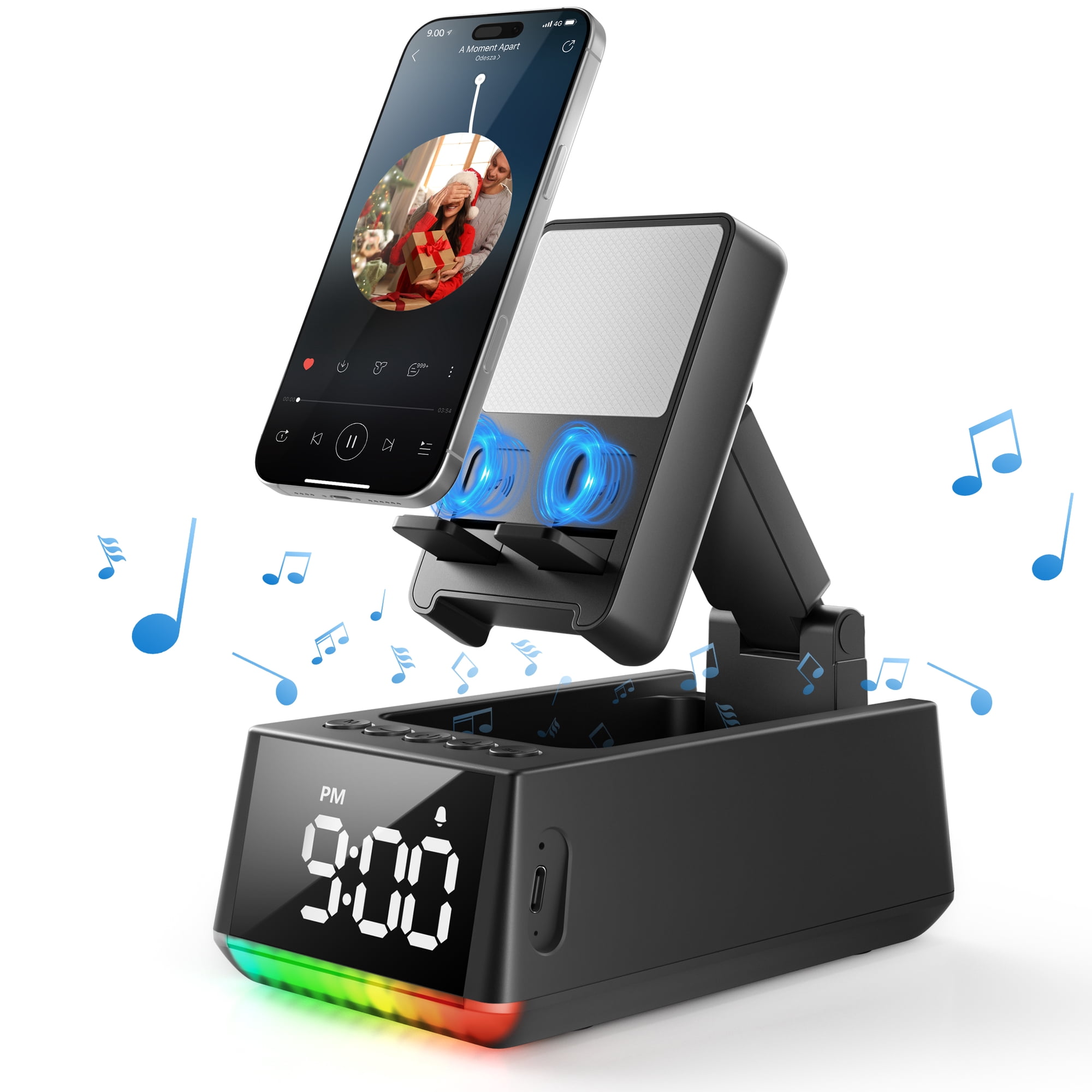 Wireless Induction Bluetooth Speaker, Phone Stand Speaker with Digital Clock & RGB Light, HD Stereo Sound, Foldable Cell Phone Stand for IPhone Android IPad, Tech Gadget Gifts for Men Women Teens