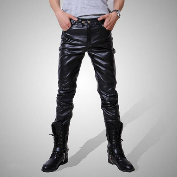 UTTOASFAY Pants for Men Men'S New Fashion Autumn Winter Moto Biker Slim Fit Leather Long Pants