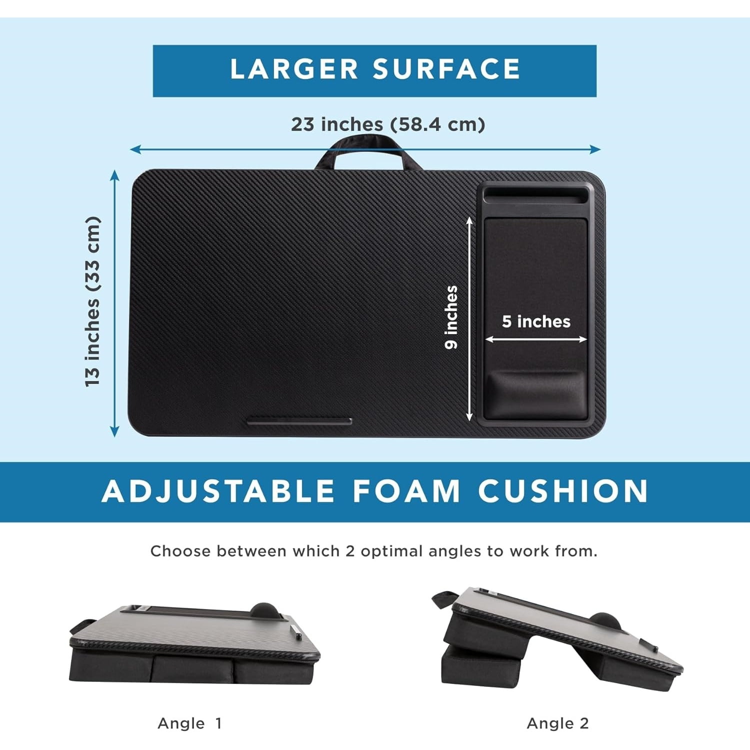 Extra Large Adjustable Lap Desk with Memory Foam Wrist Rest, Mouse Pad, Phone Holder, Device Ledge, and Booster Cushion - Black Carbon - Fits up to 17.3 Inch Laptops