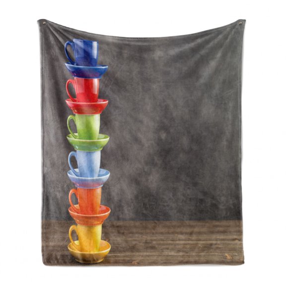 Espresso Grey Soft Flannel Fleece Throw Blanket, Stack of Colorful Cups on Wooden Table Photo with Smokey Background, Cozy Plush for Indoor and Outdoor Use, 50" x 70", Multicolor, by Ambesonne