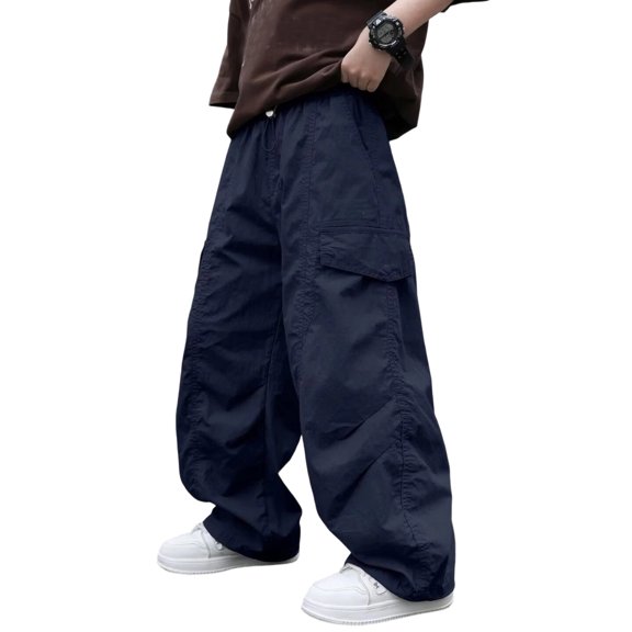 ZXLBBD Boys' Cargo Pants for Kids High Waisted Loose Fit Multiple Pockets Cargo Trousers Streetwear for Kids Fashion Casual Daily Wear,Navy,Size 15 Y-16 Y