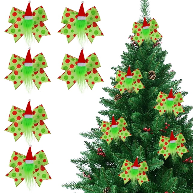 Christmas Bow Decoration with Santa Hat Green Holiday Ribbon Ornament | Festive Christmas Gift Wrap Accent | Durable Hanging Decor for Tree Wreath Gift Presentation