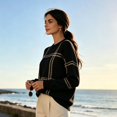 thumbnail image 5 of Sorvello Women's Plaid Knit Sweater, Oversized Crewneck Pullover Long Sleeve, Ribbed Cuffs & Hem Casual Fall Style Black S, 5 of 8