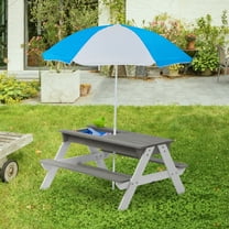 3-in-1 Wooden Kids Picnic Table with Adjustable Umbrella, Play Sand and Water Sensory Table with Removable Tabletop, Kids Outdoor Table with 2 Storage Bins, Included Toys