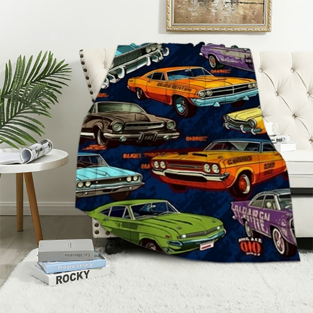 COMIO Muscle Cars Racing Checkered Flags Prints Soft Cozy Throw Blanket for Adult and Kids, Lightweight Blanket for Couch Bed Sofa Travel