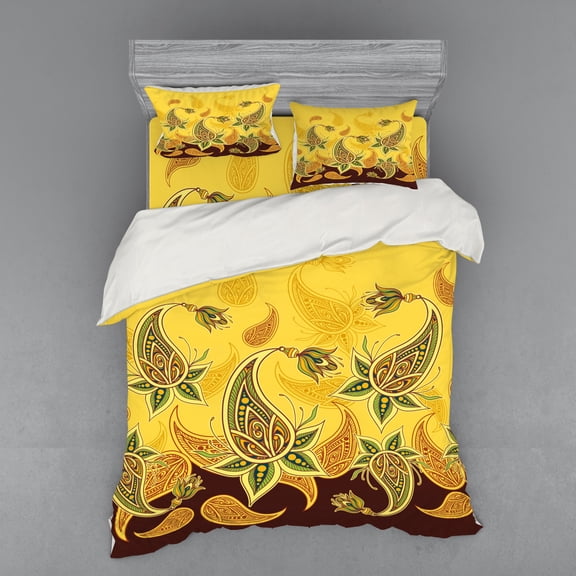 Paisley Duvet Cover Set, Folkloric Inspired Floral Ornaments Illustration, Bedding Set with Shams and Fitted Sheet, 3 Sizes, by Ambesonne