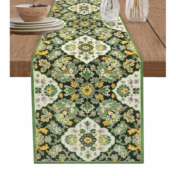 Sage Green Boho Table Runner Cotton Linen 60 Inch Holiday Dresser Scarves, Rustic Southwest Plants Motifs Tablerunner for Kitchen Coffee Dining Bedroom Home Living Room Dinner Scarf Décor 13''x60''
