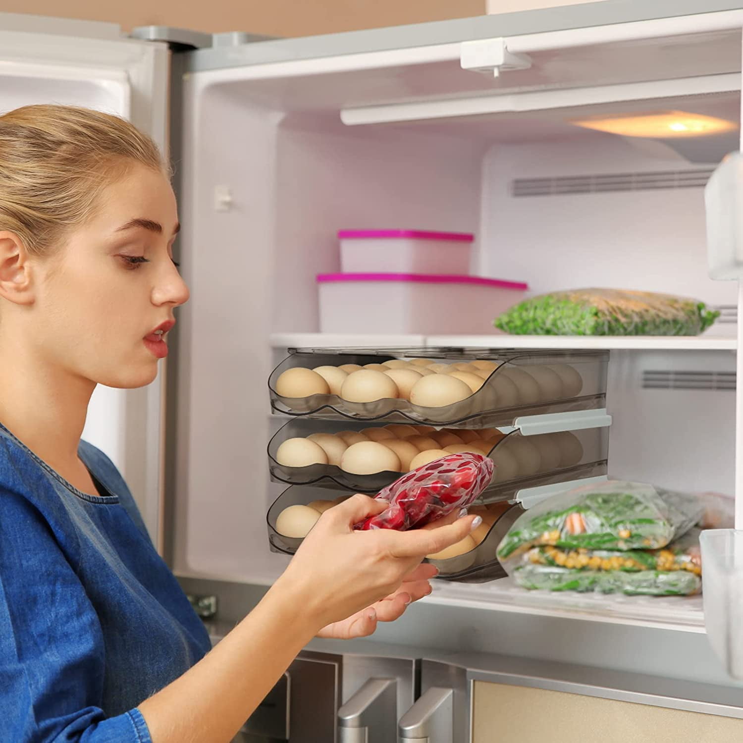 Large Capacity Egg Holder for Refrigerator, Automatic Rolling Egg Fresh Storage Box, Clear Egg Storage Container Organizer Bin & Egg Tray