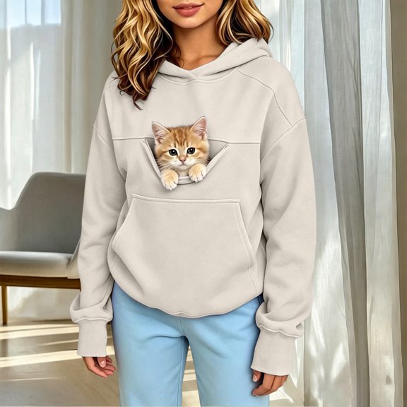 Kids Pet Pouch Hoodie for Boys Girls, Cat Hoodie with Pouch Long Sleeve Pullover, Pure Color Comfortable Pet Holder Sweatshirt for Autumn and Winter, Pet Walking Casual Daily Wear 4-15 Years Beige