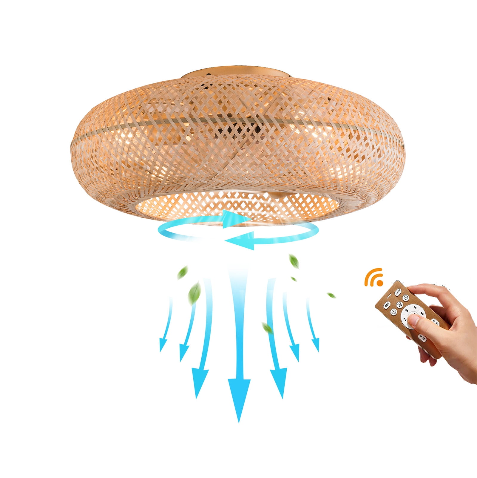 Miumaeov Wicker Rattan Ceiling Lamp Farmhouse Ceiling Fan Light Fixture Vintage Woven Rattan Caged Chandelier with Remote Control Low Profile 6 Speed for Bar Hotel Kitchen Island Bedroom