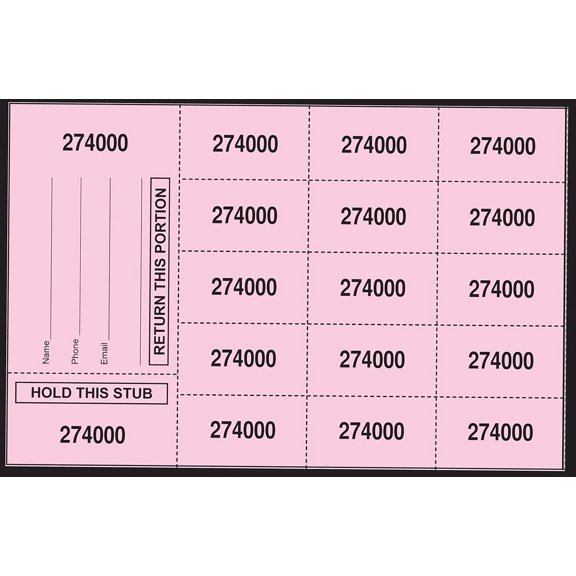 500 Pink Chinese Auction Tickets (2 Stub Choices) (15 Bid Numbers per Sheet, Stub w/ "Buyer's Name, Phone & Email")