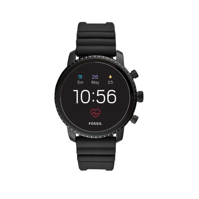 reloj inteligente fossil explorist hr táctil acero gps negro frontal centrado del Fossil Explorist HR Gen 4 de 45 mm; caja redonda de acero inoxidable con bisel dentado y tres botones laterales, pantalla táctil encendida mostrando hora y notificaciones, correa negra estriada de silicón; compatible con monitor de frecuencia cardíaca, GPS y NFC, a menudo usado también como rastreador de actividad diaria.