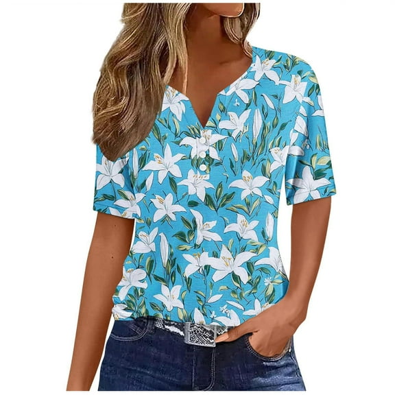 ZQUUVOU Women's T-Shirts Boho Printed 3/4 Sleeve Henley V Neck Summer Beach Blouses(E-Blue,L)