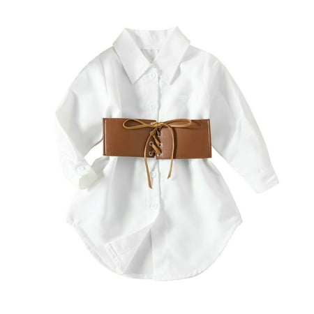 

Zlekejiko Toddler Kids Baby Girls Long Sleeve Button Down Solid Princess Shirt Dress With Waist Belt Outfits