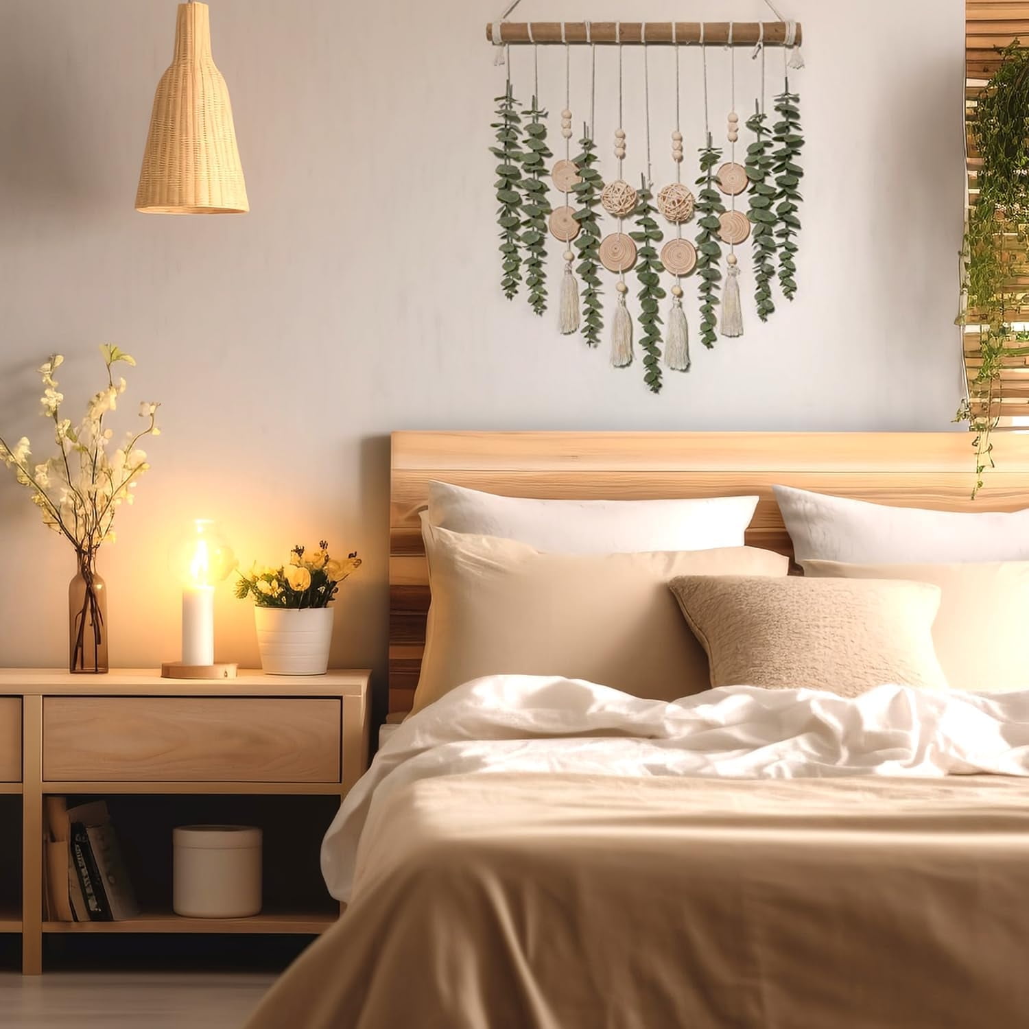Artificial Eucalyptus Decor Boho Wall Decor Fake Eucalyptus Farmhouse Wall Hanging Greenery Vines Leaves Wall Hanging Plants on 16.5 inch Wooden Stick with Wicker Ball for Bedroom Nursery Kitchen