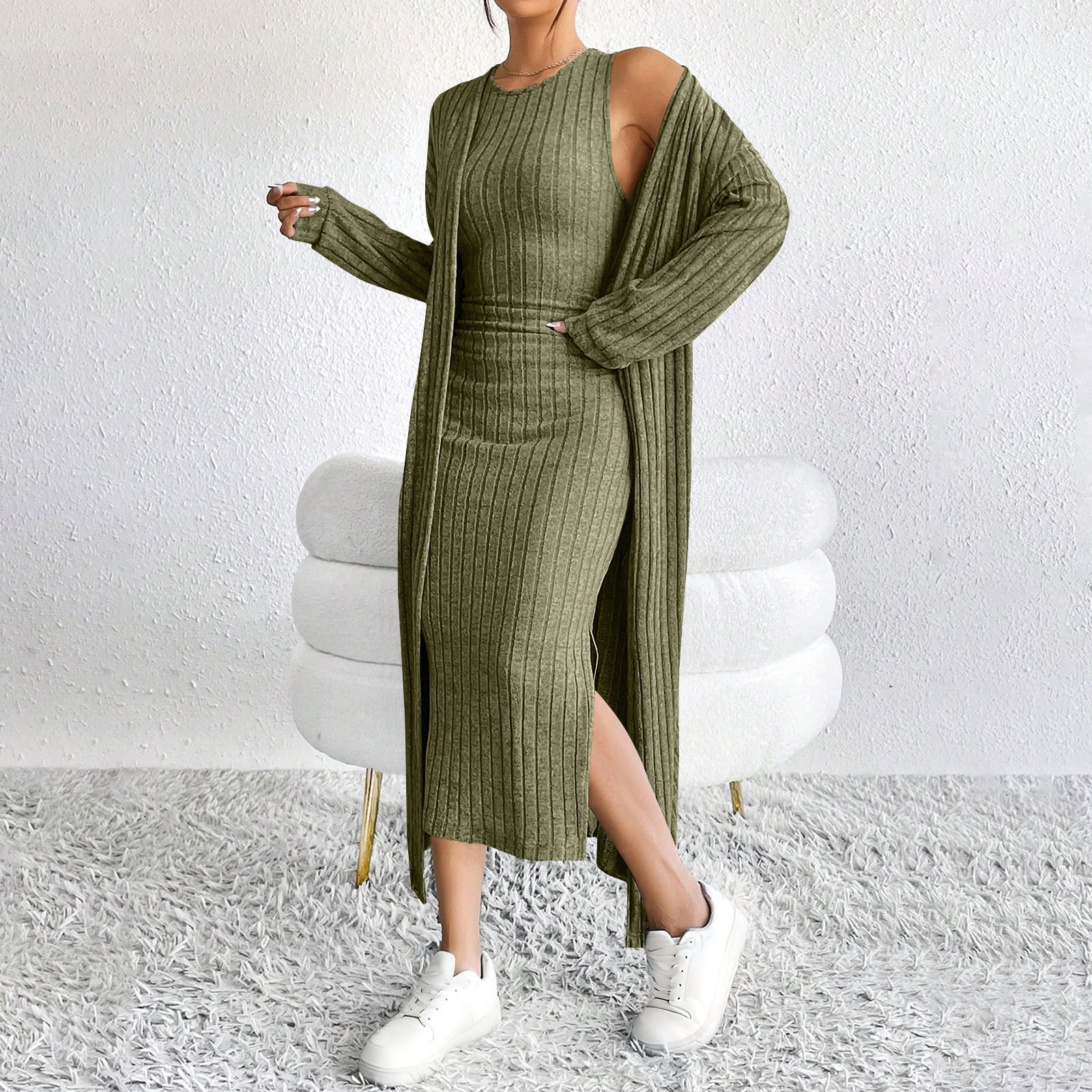 Feancey Women Sweater Dress Set Knit Bodycon Dresses & Long Cardigan 2 Piece Outfits Fall Sleeveless Slit Maxi Dresses Army Green XL, Women's