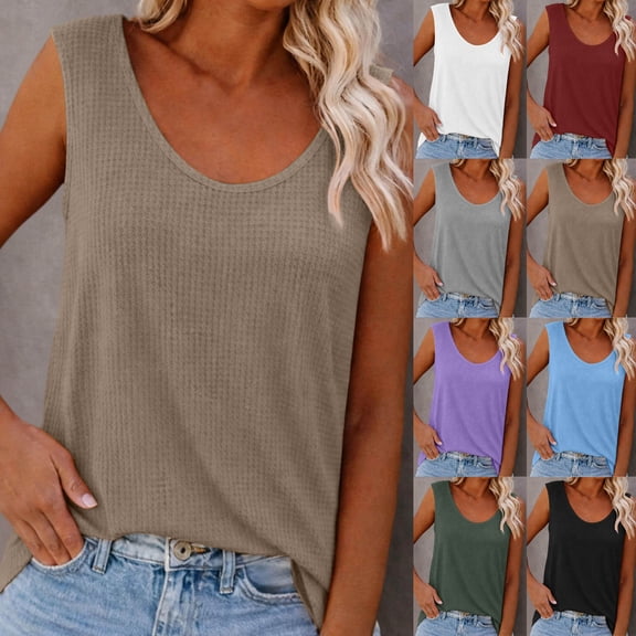 ClodeEU Women's Waffle Knit Crewneck Sleeveless Tank Top ,Solid Color Casual Cami Army Green,Women's Plus L