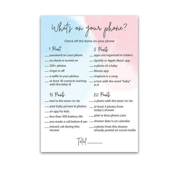 GENDER REVEAL Party Game — WHAT'S ON YOUR PHONE Baby Shower Game — Pack of 25 — Minimalist Blue or Pink GENDER NEUTRAL Baby Shower Games, Pink or Blue Baby Shower, Co-ed Shower, Baby Birthday G752-PHN