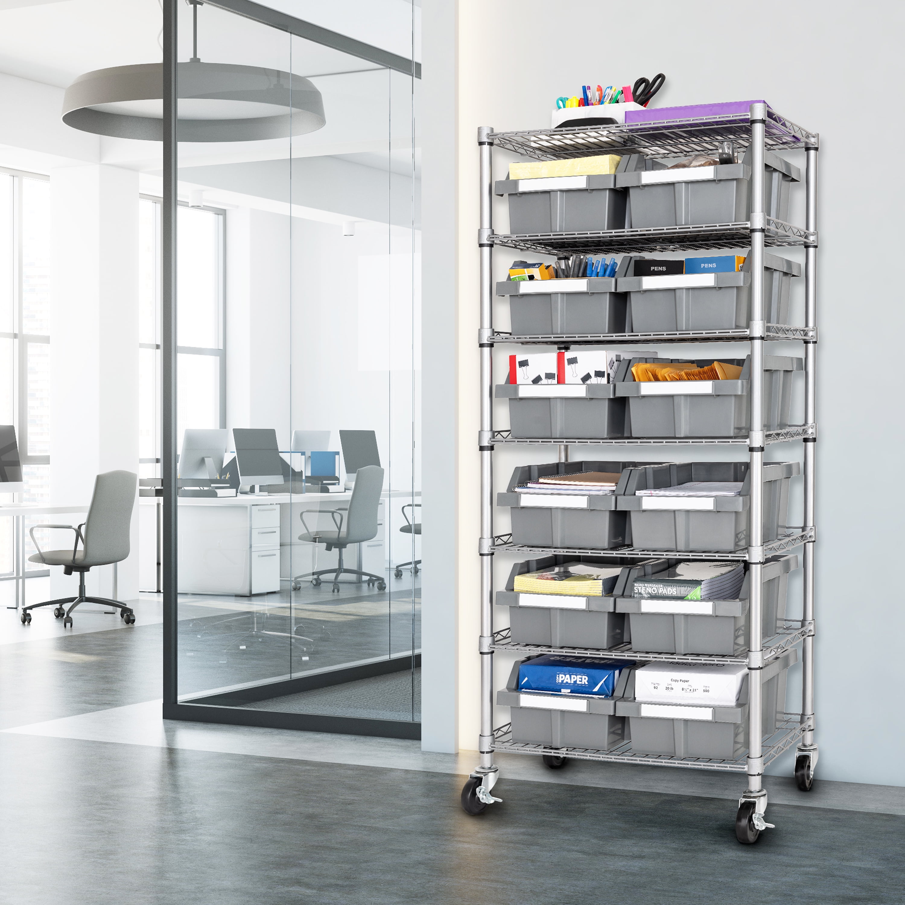 Seville Classics Heavy Duty NSF Bin Rack Solid Steel Wire Shelving Storage Unit, Organizer for Garage, Warehouse, Office, Restaurant, Classroom, Kitchen, Gray, Includes 12 Bins